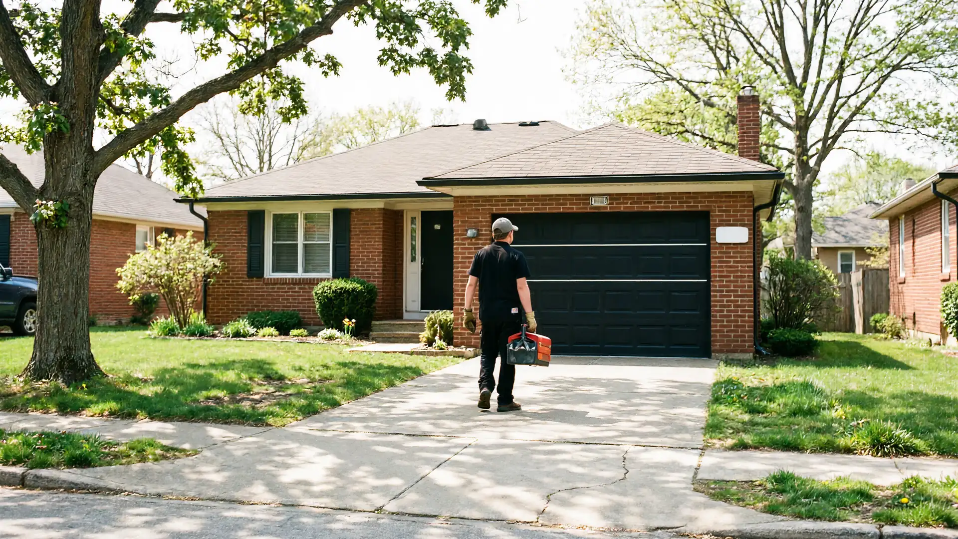 A technician walks up a driveway towards a brick house with a black garage door.