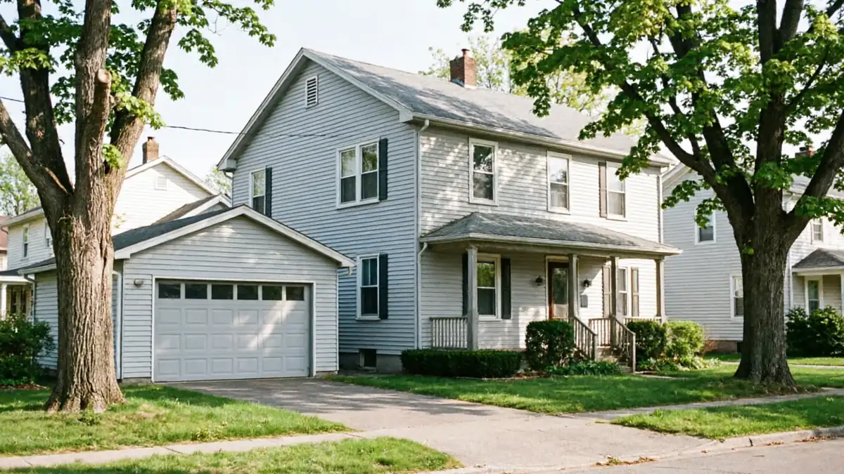 A light gray house with a detached garage sits between two large trees.