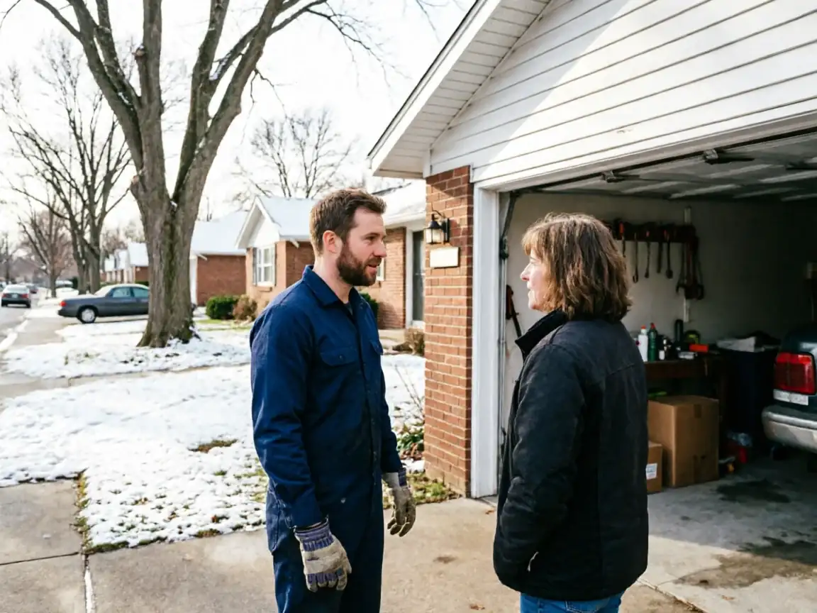 A technician in a blue uniform talks to a woman in front of a garage.