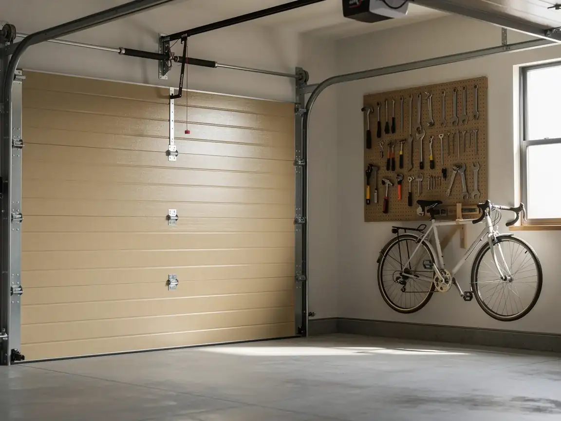 A beige garage door is closed in a garage with a bicycle and tools on the wall.