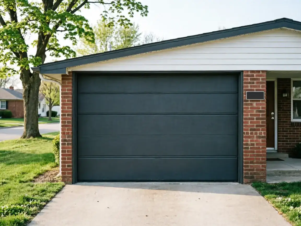 A dark gray garage door is on a brick house with white siding.