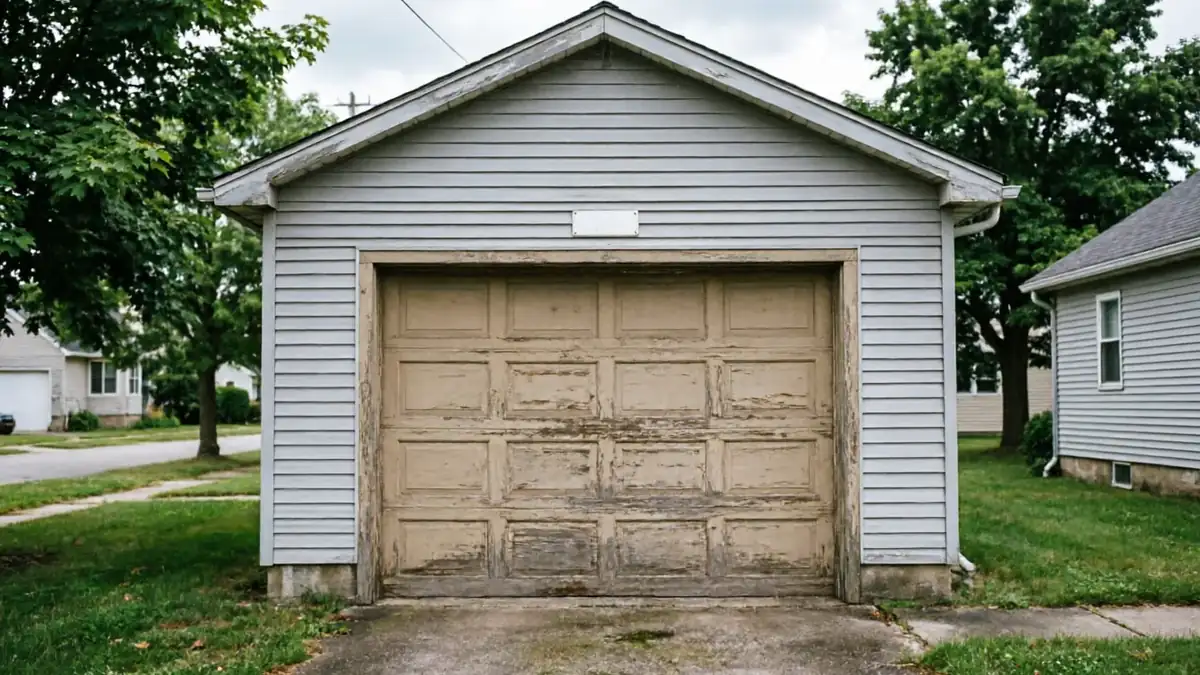 A detached garage with light gray siding and a worn, peeling beige garage door.
