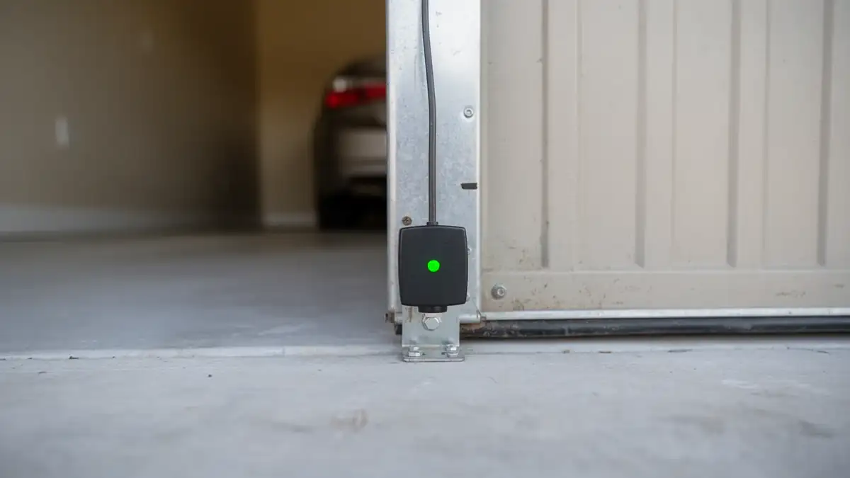 A black sensor with a green light is mounted on a garage door track.